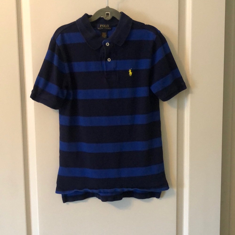 Polo Ralph Lauren Boys Shirt Navy & Blue Stripe with Yellow logo Size M(10-12)